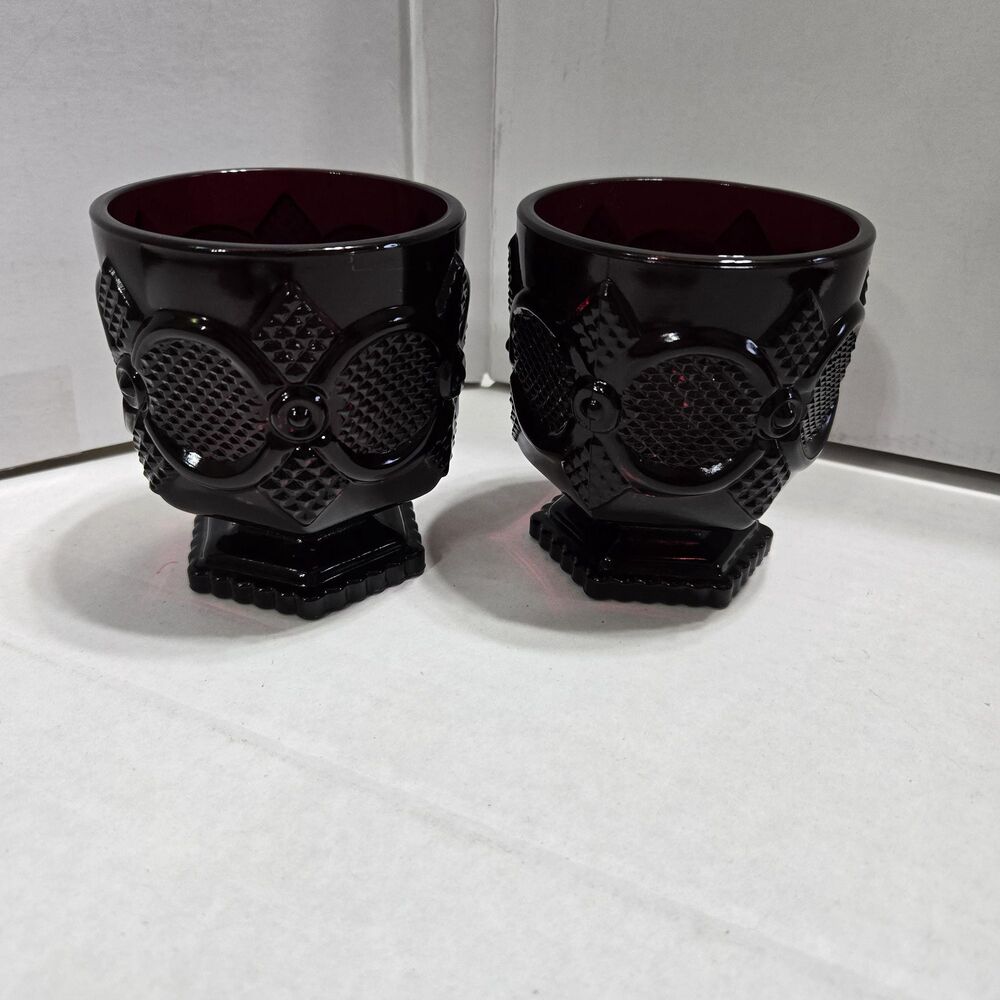 Pair Vintage Avon 1876 Cape Cod Ruby Red Glass Footed Tumblers Glasses 3.5"